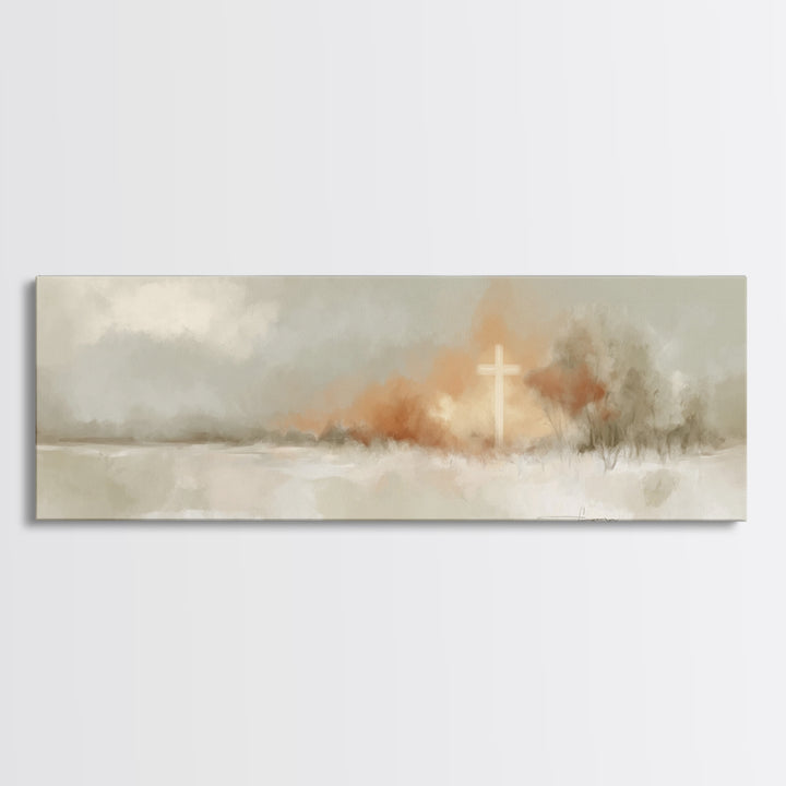 Light On Calvary, Framed Canvas Print, Christian Wall Art, Panoramic Painting, Christian Art Canvas, Christian Painting, Christian Decor