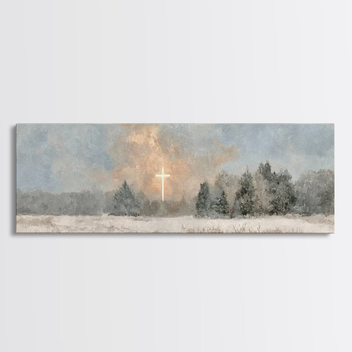 Winter Cross Light, Framed Canvas Print, Panoramic Art, Christian Art Canvas, Christian Wall Art, Christian Painting, Christmas Art