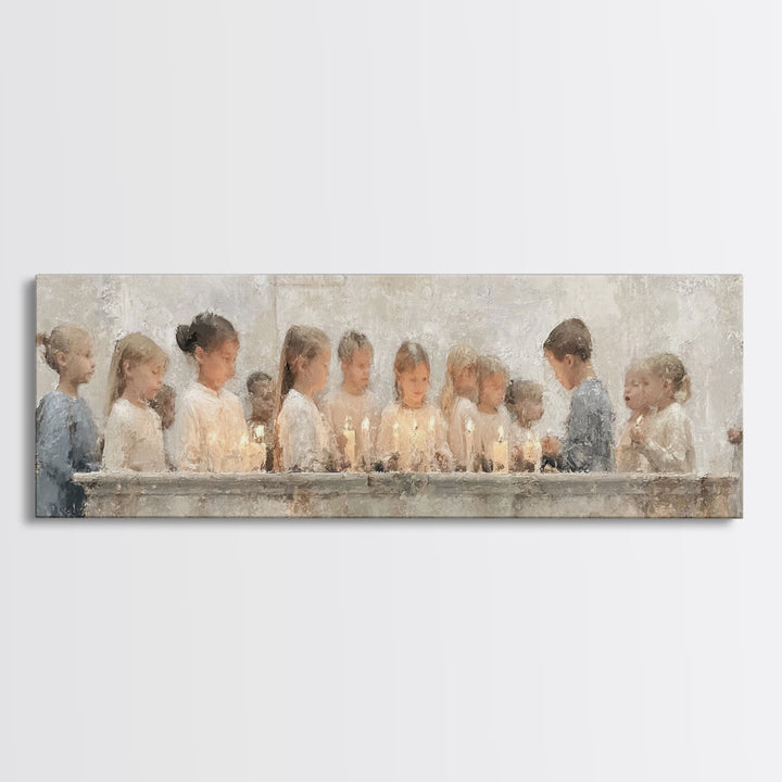 Children’s Candle Prayer – Framed Canvas Print – Panoramic Art – Christian Wall Art – Christian Art Canvas – Christian Painting – Christmas
