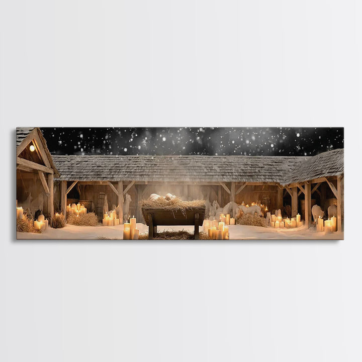 Holy Night Cradle, Framed Canvas Print, Panoramic Painting, Christian Wall Art, Jesus Christmas Art, Christian Art Canvas, Christmas Art