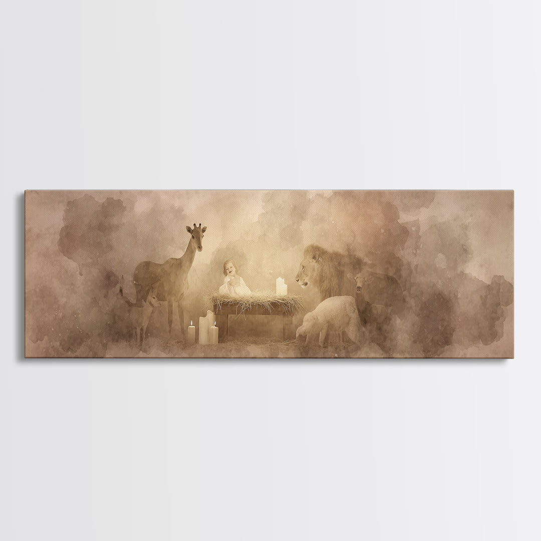 Gentle Manger Peace, Framed Canvas Print, Christian Wall Art, Panoramic Art, Christian Art Canvas, Christmas Art, Christian Christmas Decor