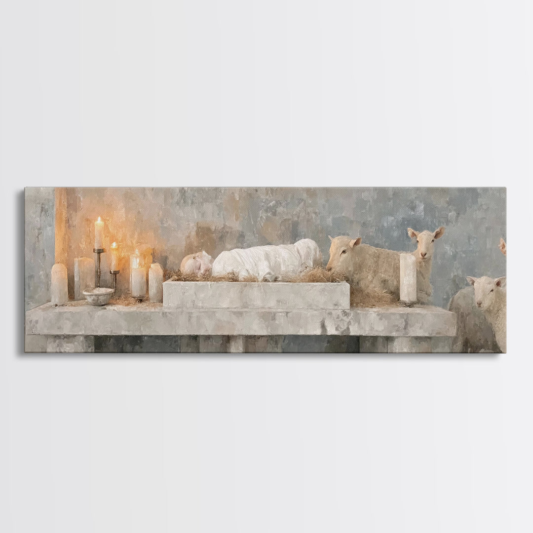 Manger Candle Hope, Framed Canvas Print, Panoramic Wall Art, Christmas Art, Christian Wall Art, Christian Art Canvas, Christian Gift