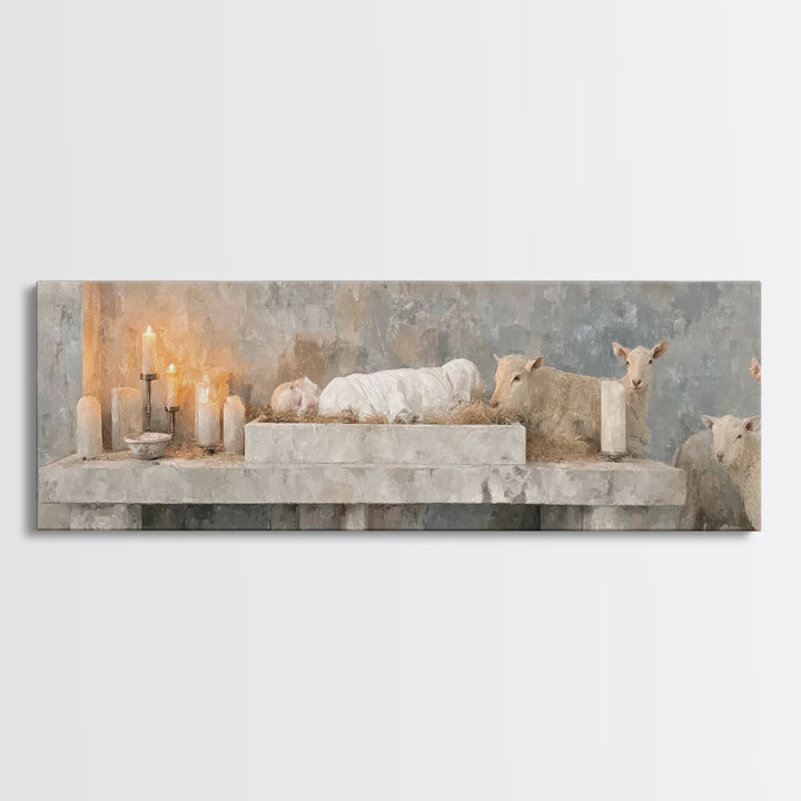 Manger Candle Hope, Framed Canvas Print, Panoramic Wall Art, Christmas Art, Christian Wall Art, Christian Art Canvas, Christian Gift