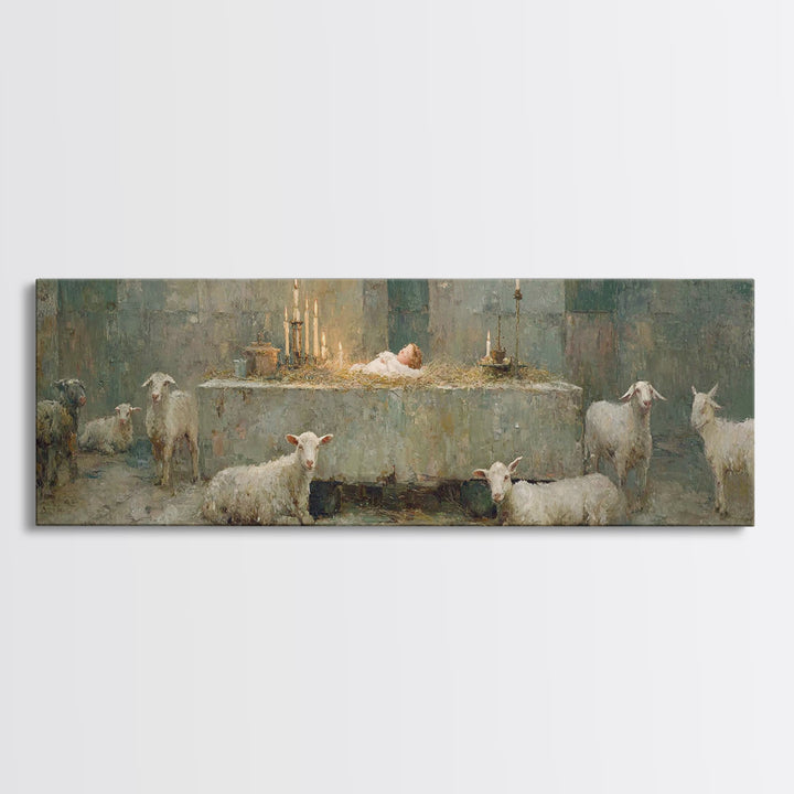 Quiet Stable Glory – Framed Canvas Print – Panoramic Art – Christian Wall Art – Christmas Wall Art – Christian Art Canvas – Vintage Christi