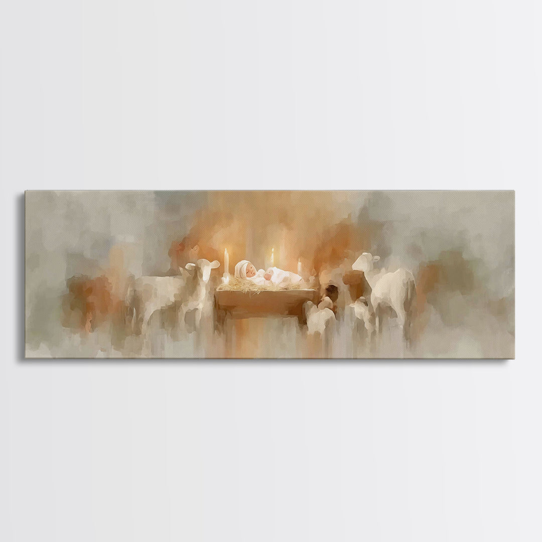 Soft Manger Glow | Framed Canvas Print | Christmas Art | Christian Art Canvas | Panoramic Painting | Christian Wall Art | Christian Christm