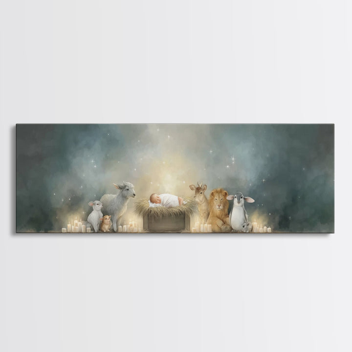 Starry Cradle Light, Framed Canvas Print, Christian Christmas Art, Christian Art Canvas, Panoramic Art, Christmas Wall Art, Christian Art