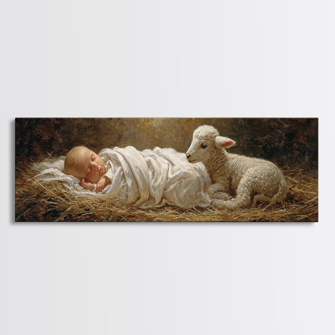 Lamb of Promise | Framed Canvas Print | Christian Art Canvas | Panoramic Frame | Christmas Art | Christian Wall Art | Christian Art