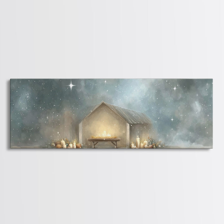 Gentle Stable Peace – Framed Canvas Print – Panoramic Painting – Christian Wall Art – Christian Art Canvas – Christmas Art – Subtle Christi