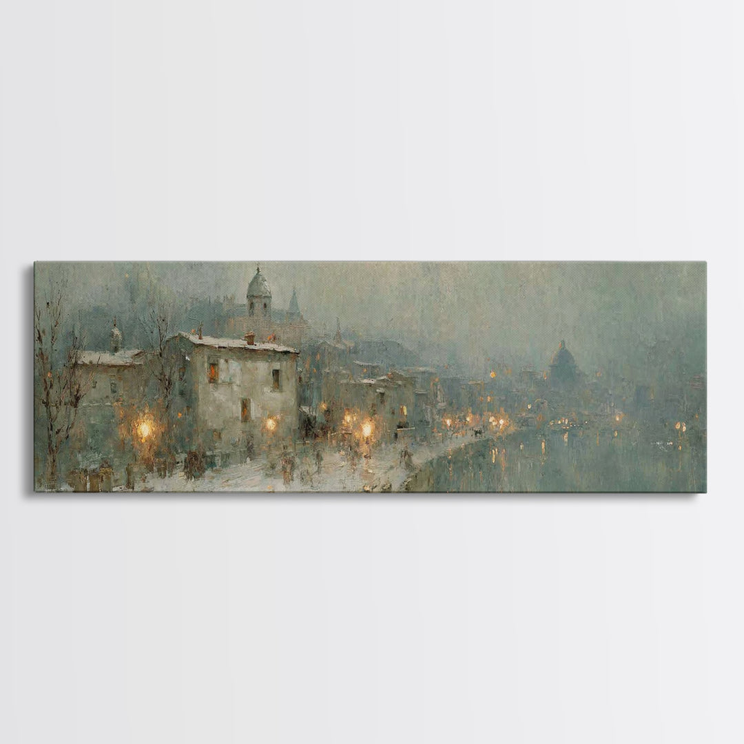 Winter Chapel Glow | Framed Canvas Print | Christian Art | Christian Christmas Art | Christian Art Canvas | Panoramic Wall Art | Christian