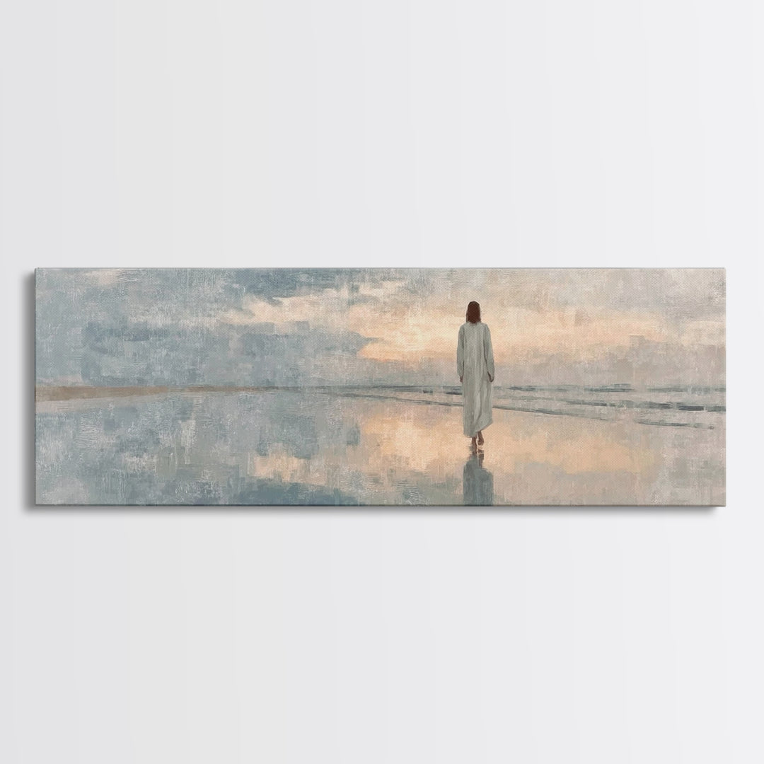 Heavenly Shore Path, Framed Canvas Print, Christian Wall Art, Jesus Painting, Panoramic Art, Christian Art Canvas, Christmas Art