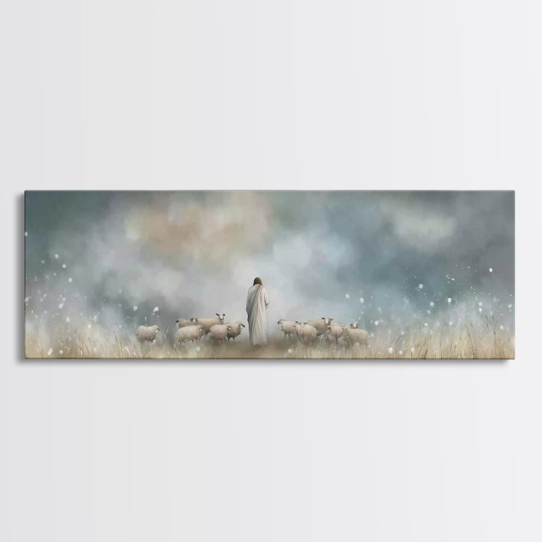 Pastoral Shepherd Light, Framed Canvas Print, Jesus Painting, Christian Wall Art, Panoramic Art, Christian Art Canvas, Christian Decoration
