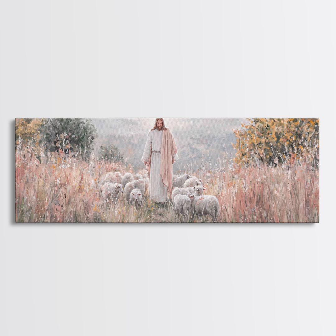 Shepherd Of Mercy – Framed Canvas Print – Jesus Art Print – Christian Wall Art – Panoramic Wall Art – Large Christian Art – Christian Paint