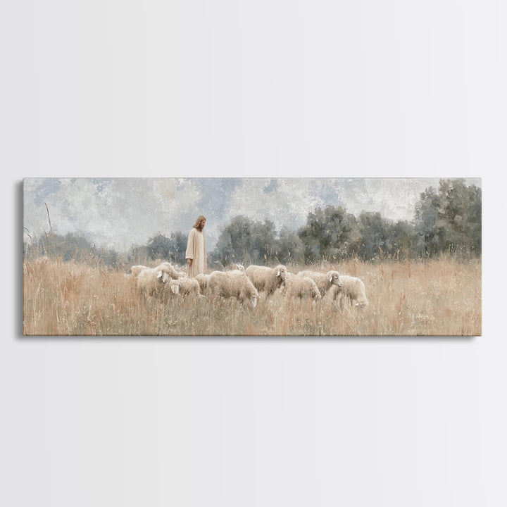 Quiet Meadow Flock, Framed Canvas Print, Christian Art Work, Jesus Painting, Panoramic Print, Christian Decor For Home, Christian Art Canva