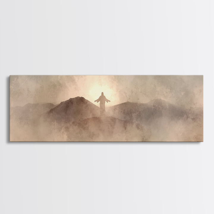 Dawn On Holy Heights, Framed Canvas Print, Panoramic Wall Art, Christian Art Canvas, Jesus Painting, Christian Art