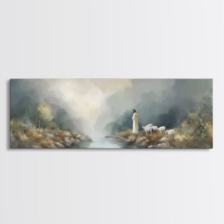 Shepherd's Quiet Path – Framed Canvas Print – Panoramic Frame – Jesus Painting – Christian Art Canvas – Christian Wall Art