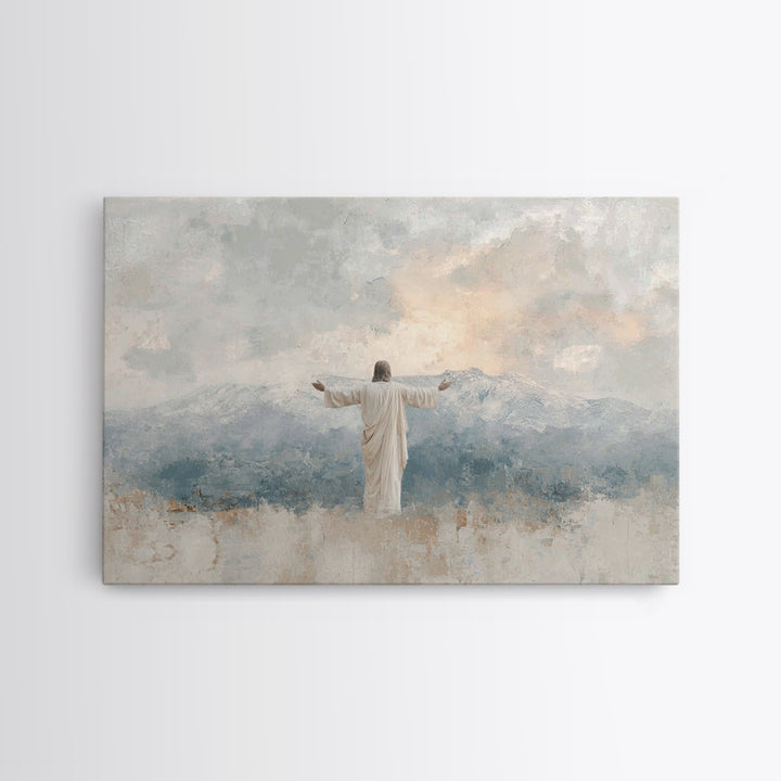 Mountain Dawn Savior – Framed Canvas Print – Christian Wall Art – Subtle Christian Art – Jesus Painting – Christian Art Canvas – Christian