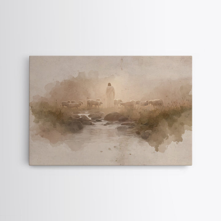Golden Pastures Guide – Framed Canvas Print – Christian Wall Art – Jesus Painting – Christian Art Canvas – Pastoral Scenery – Christian Gif