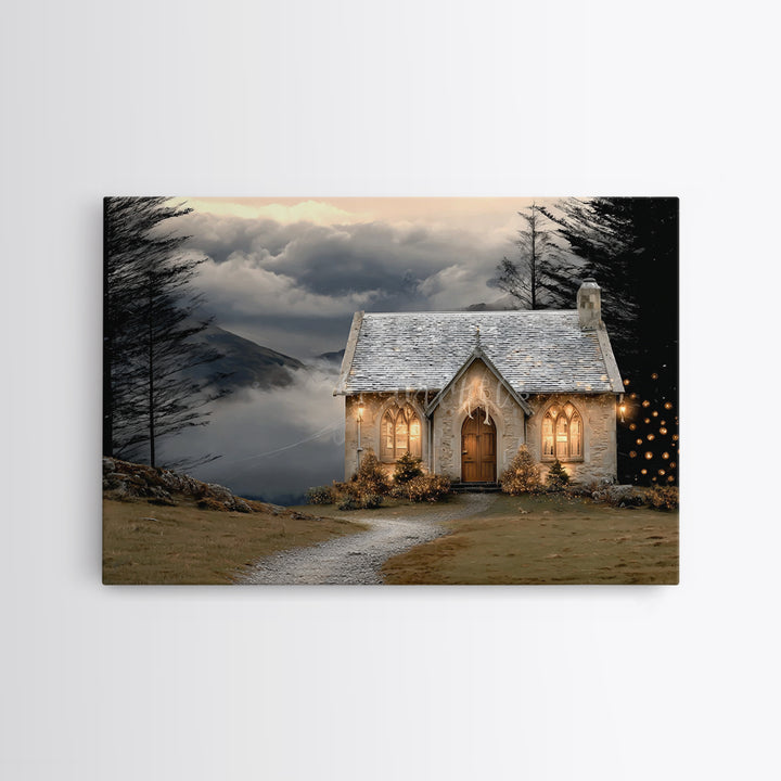 Mountain Chapel Light – Framed Canvas Print – Christian Wall Art – Christian Art Canvas – Christmas Art – Christian Christmas Art – Holiday
