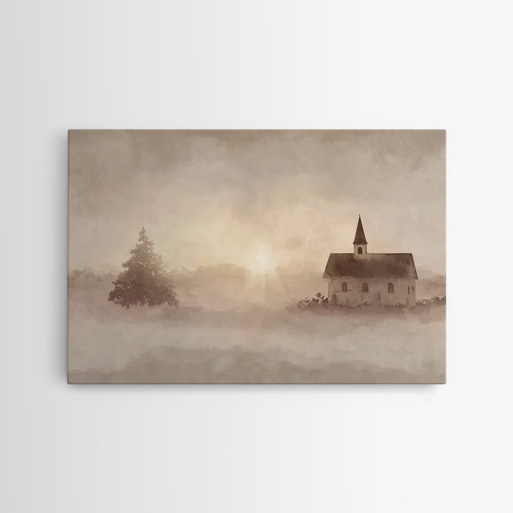 Misty Chapel Dawn – Framed Canvas Print – Christian Wall Art – Christian Art Canvas – Christian Painting – Modern Christian Painting – Chri