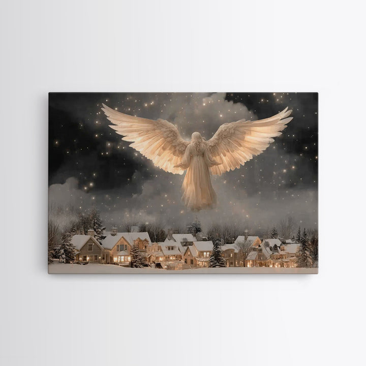 Heavenly Night Watch – Framed Canvas Print – Christmas Wall Art – Christian Art Print – Moody Christmas Art – Christian Decor