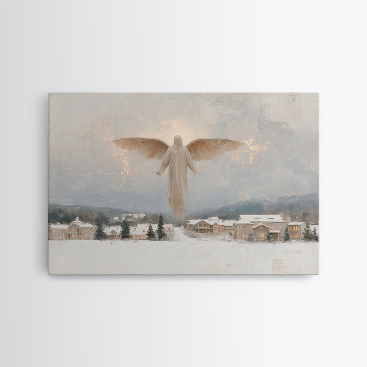 Snowfall Guardian – Framed Canvas Print – Christian Art Canvas – Christmas Art Prints – Vintage Christmas Art – Christian Wall Art