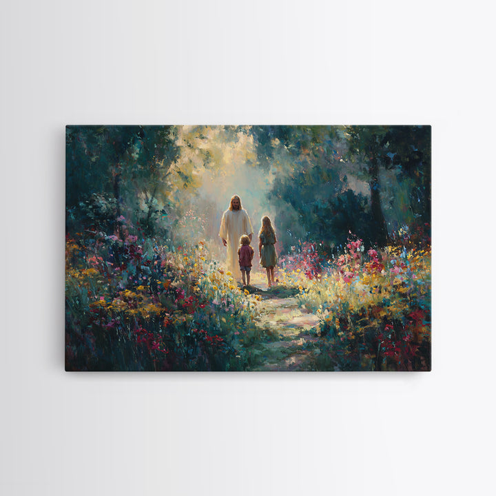 Garden Light Walk, Framed Canvas Print, Christian Art Canvas, Jesus Painting, Christian Wall Art, Christian Gift Ideas