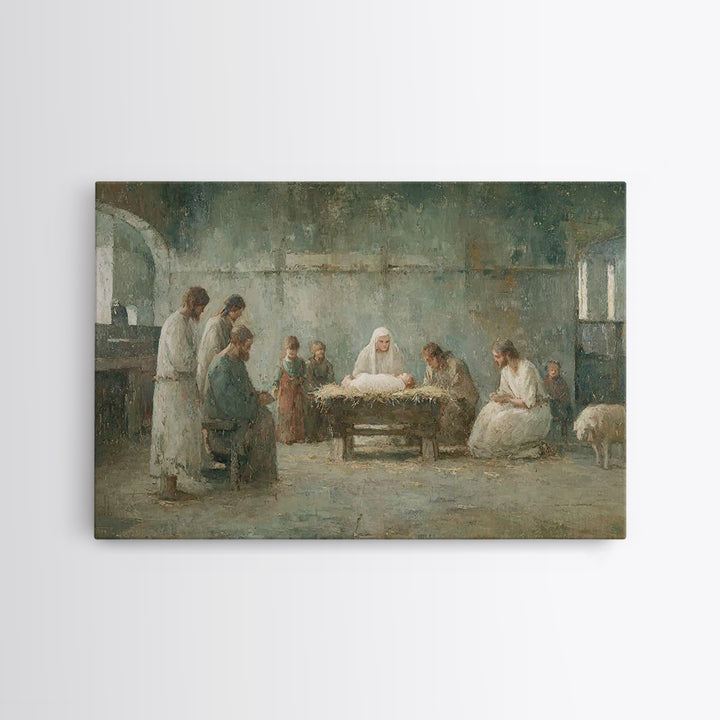 Holy Night Gathering – Framed Canvas Print – Christian Wall Art – Christian Art Canvas – Birth Of Jesus Painting – Christian Christmas Art