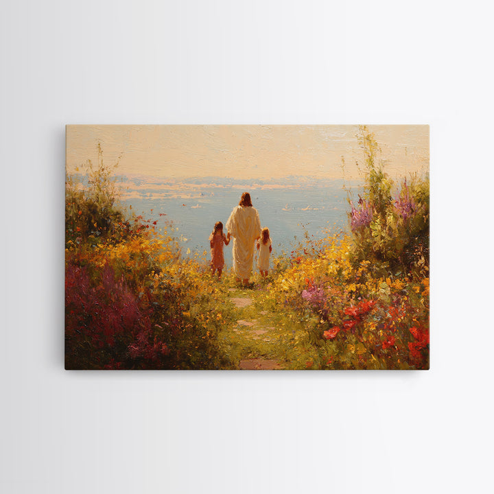 Golden Blossom Walk | Framed Canvas Print | Christian Wall Art | Jesus Painting | Christian Art Work | Bright Christian Art | Christian Chr