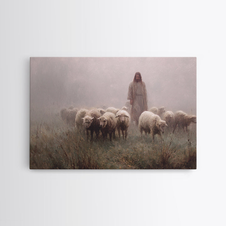 Misty Flock Dawn – Framed Canvas Print – Christian Paintings – Jesus Art Print – Pastoral Scenery – Modern Christian Art – Christian Wall A