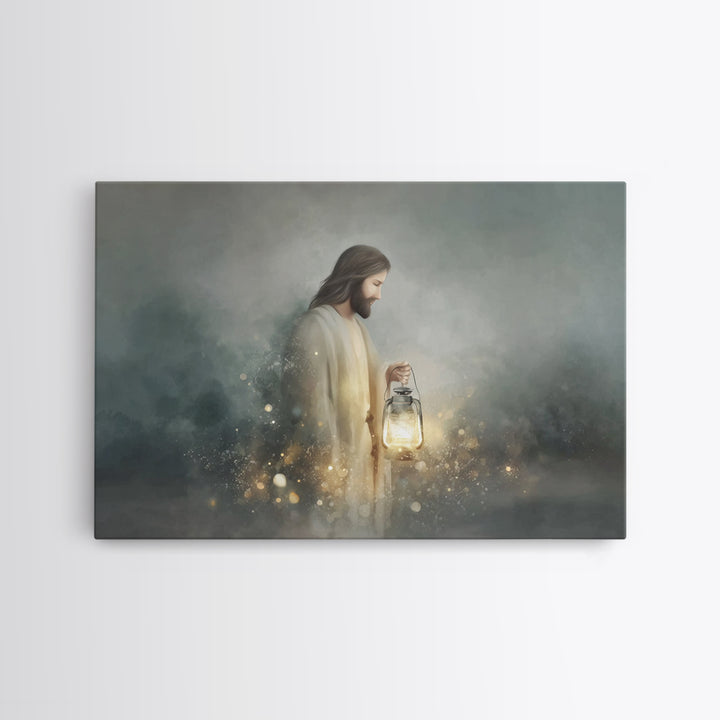 Guiding Lantern Light – Framed Canvas Print – Christian Wall Art – Jesus Painting – Christian Art Canvas – Christian Christmas Art – Modern
