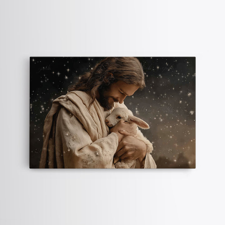 Starry Night Shepherd, Framed Canvas Print, Jesus Wall Art, Christian Art Canvas, Christian Wall Art, Christian Gift, Moody Christian Art