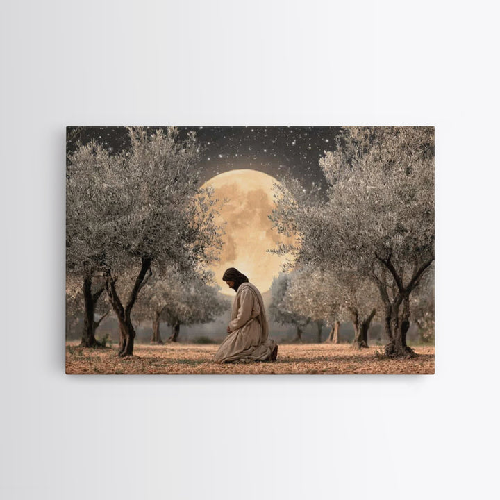 Moonlit Devotion - Framed Canvas Print - Christian Art Canvas - Jesus Painting - Christian Wall Art - Christian Christmas Art