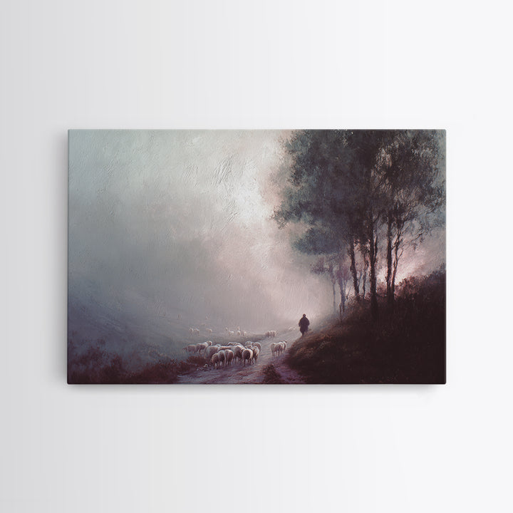 Twilight Shepherd – Framed Canvas Print – Christian Art Canvas – Christian Wall Art – Jesus Painting – Subtle Christian Art