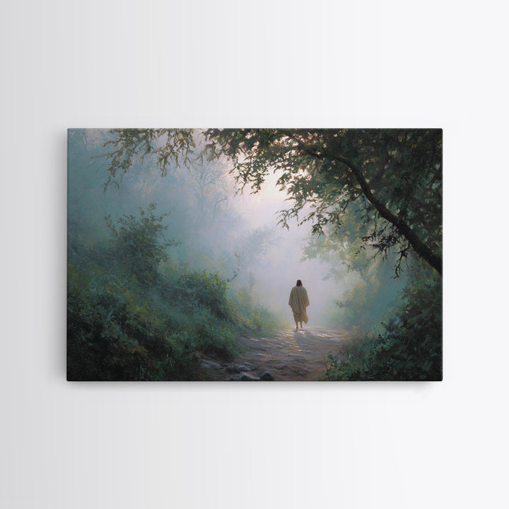 Forest Dawn Walk, Framed Canvas Print, Christian Wall Art, Christian Art Canvas, Jesus Painting, Moody Christian Art