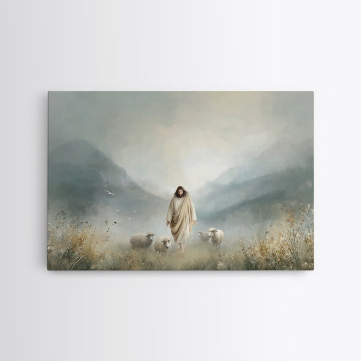 Evening Flock, Framed Canvas Print, Christian Wall Art, Jesus Painting Canvas, Moody Christian Art, Christian Decor, Large Christian Painti