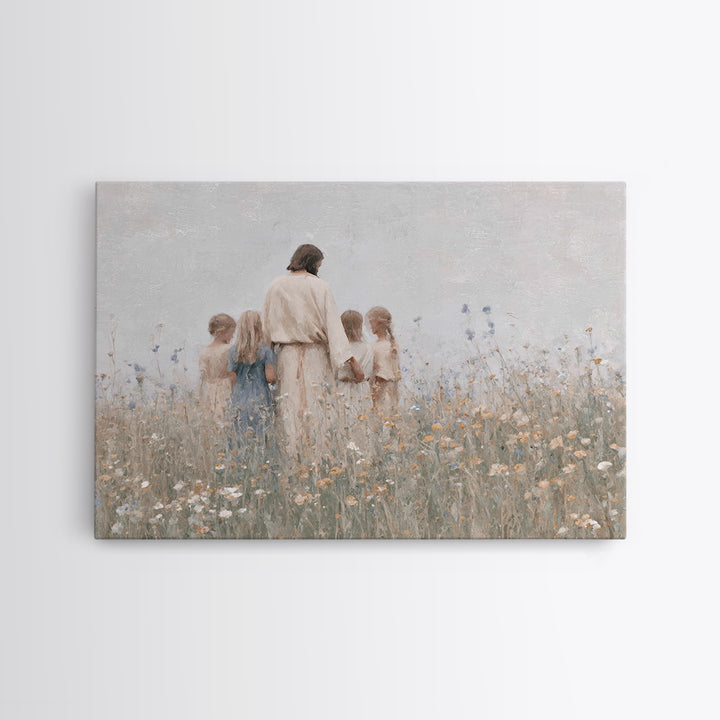Gentle Meadow Light, Framed Canvas Print, Jesus Painting, Christian Art Canvas, Christian Wall Art, Minimalist Christian Art, Christian Gif