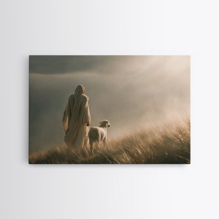 Shepherd’s Dawn, Framed Canvas Print, Christian Wall Art, Jesus Painting, Christian Art Canvas, Minimalist Christian Art, Christian Gift