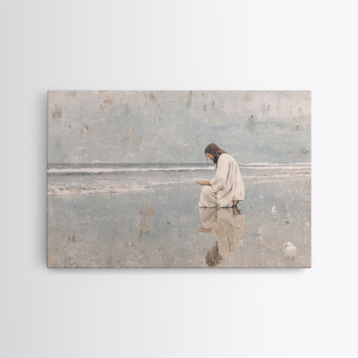 Shoreline Prayer, Framed Canvas Print, Christian Wall Art, Jesus Painting, Christian Art Canvas, Large Christian Art, Modern Christian Art