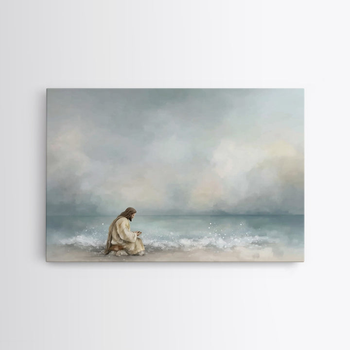 Quiet Sea Devotion, Framed Canvas Print, Christian Wall Art, Jesus Painting, Christian Art Canvas, Large Christian Art, Modern Christian Ar