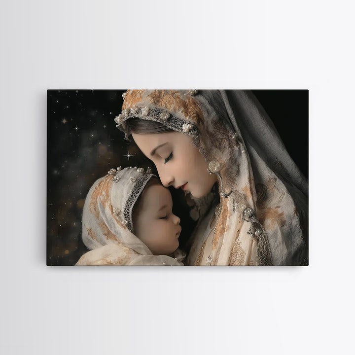 Starry Motherhood | Framed Canvas Print | Christian Wall Art | Mary And Jesus Painting | Christian Art Canvas | Christian Art