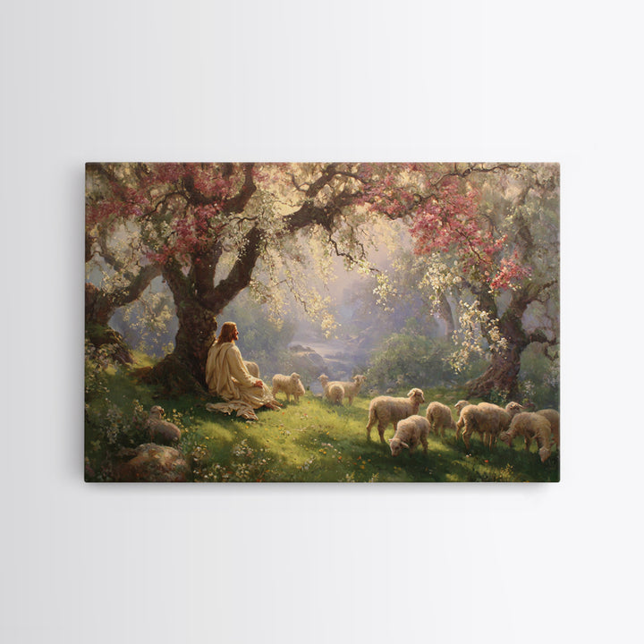 Pastoral Dawn Peace – Framed Canvas Print – Jesus Painting – Christian Wall Art – Christian Art Canvas – Christian Christmas Art – Christia