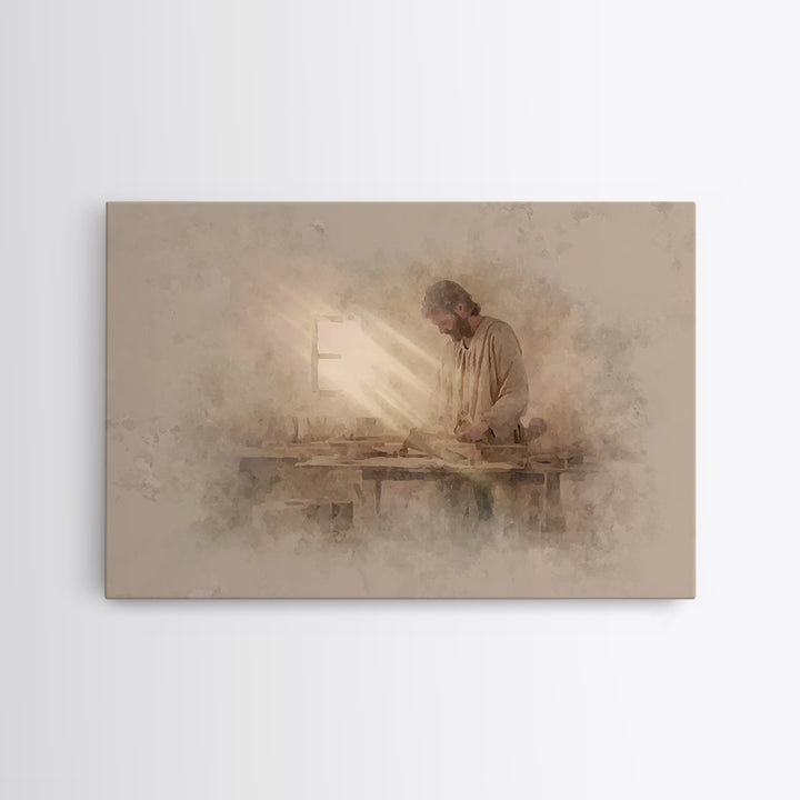 Carpenter’s Light – Framed Canvas Print – Christian Wall Art – Jesus Painting – Christian Art Canvas – Minimalist Christian Art – Christian