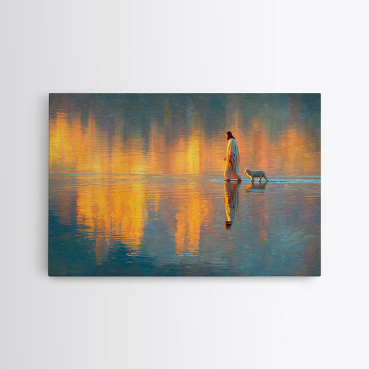 Golden Dawn Reflections | Framed Canvas Print | Christian Wall Art | Jesus Painting | Christian Art Canvas | Modern Christian Art | Christi