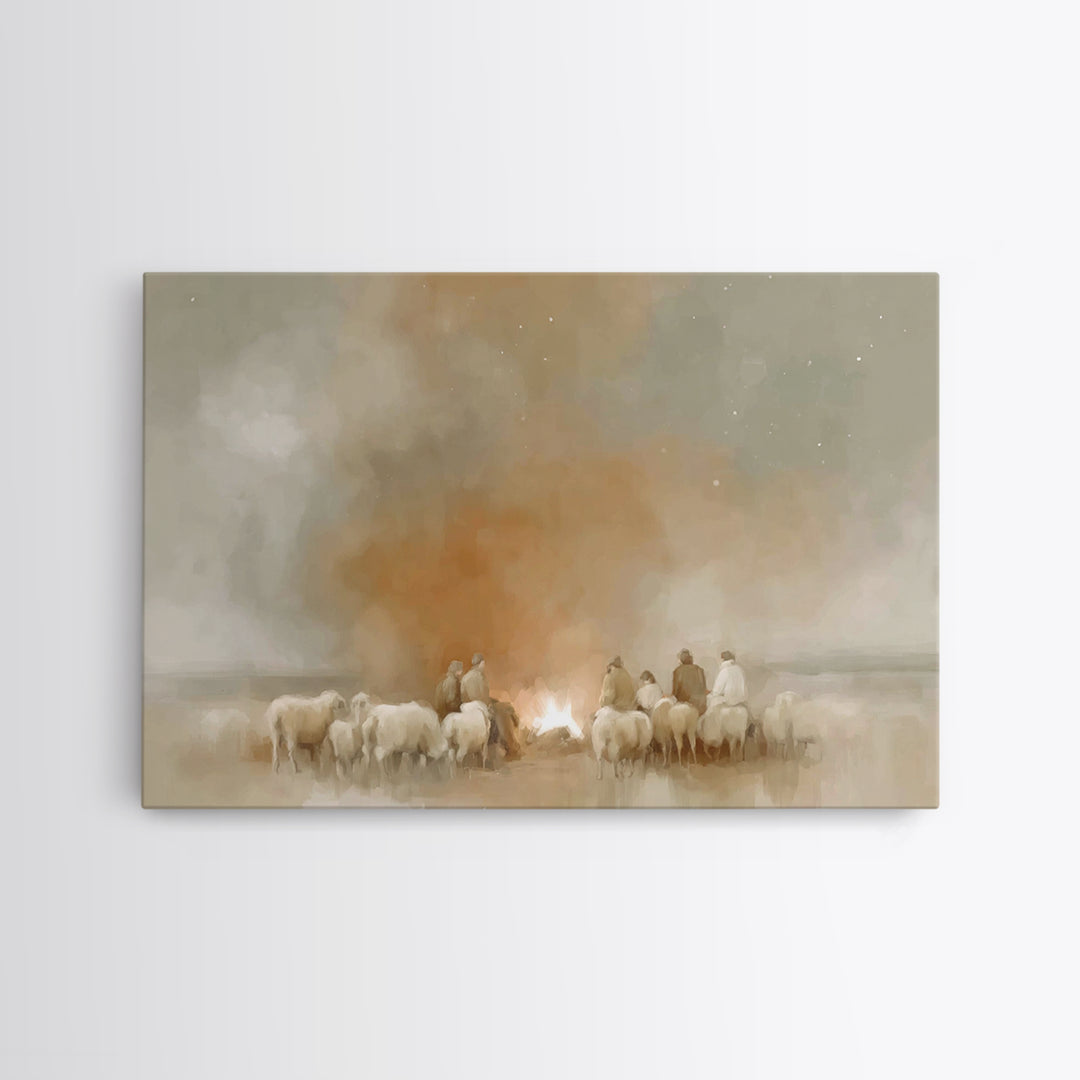 Fireside Shepherd Night | Framed Canvas Print | Christian Wall Art | Christian Art Canvas | Christmas Art | Christian Christmas Decor | Chr