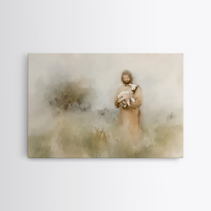 Soft Meadow Shepherd – Framed Canvas Print – Minimalist Christian Art – Christian Wall Art – Christian Art Canvas – Subtle Christian Painti