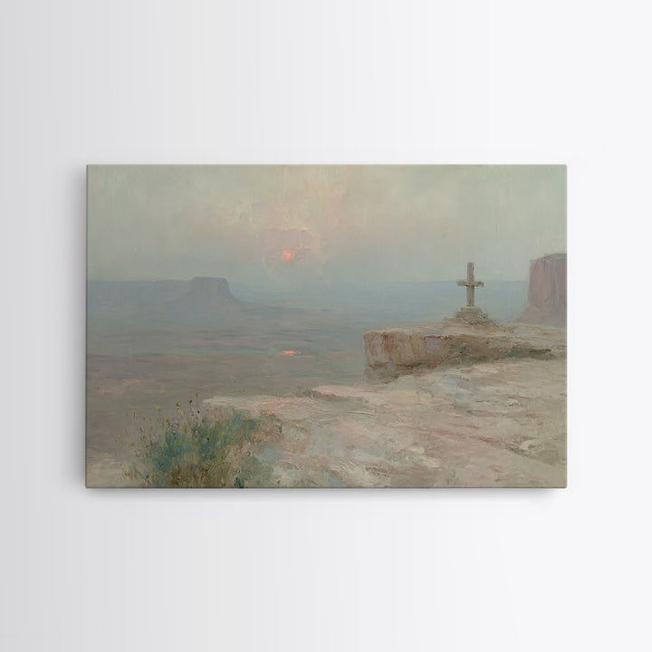 Cliffside Cross Peace, Framed Canvas Print, Christian Painting, Christian Wall Art, Christian Art Canvas, Vintage Christian Art, Christian