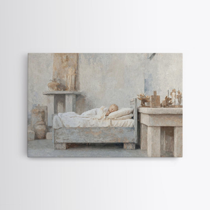 Silent Cradle Peace – Framed Canvas Print – Christian Art Painting – Christmas Art Work – Christian Wall Art – Jesus Art Print – Vintage Ch