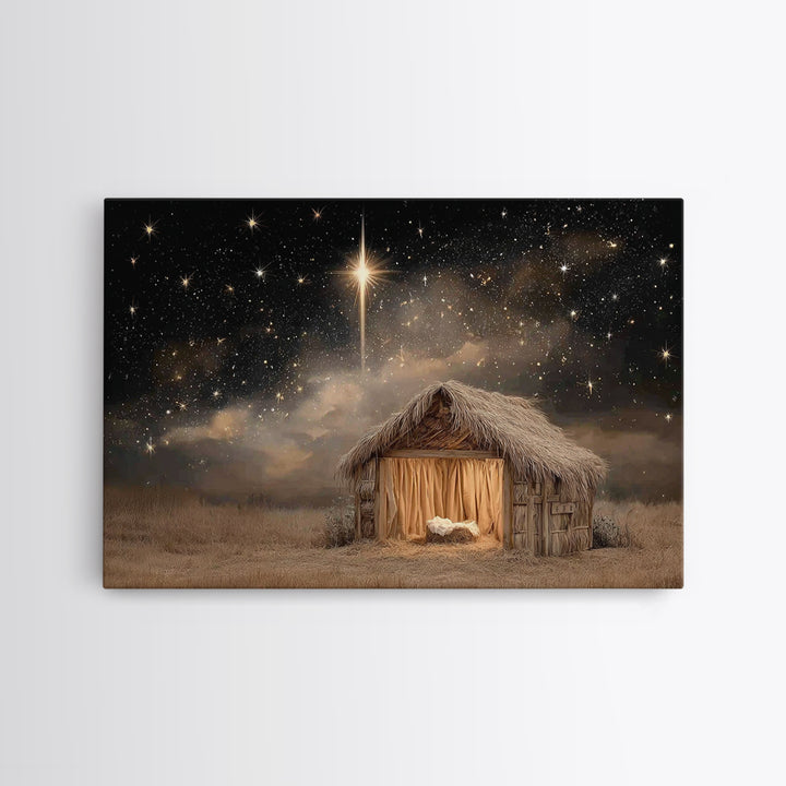 Mountain Chapel Night, Framed Canvas Print, Christian Art Canvas, Christian Wall Art, Christmas Art Framed, Modern Christian Art