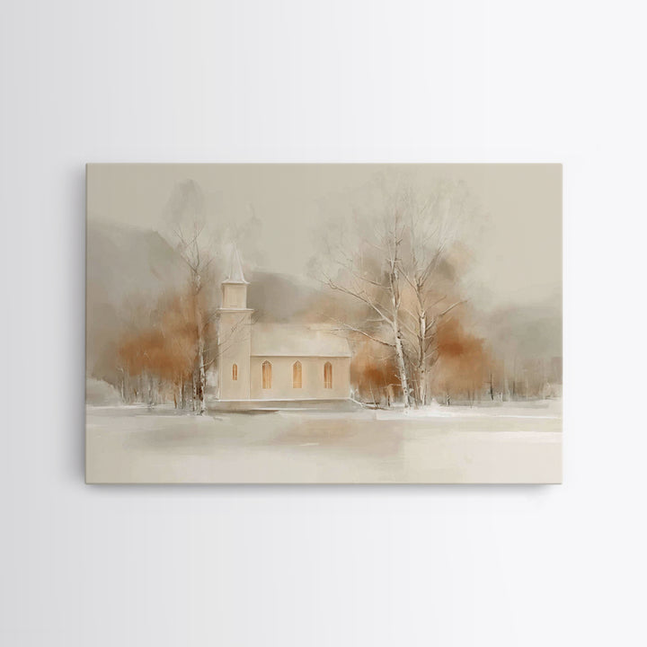 Winter Chapel Light, Framed Canvas Print, Christmas Art Prints, Christian Wall Art, Christian Christmas Decor, Modern Christmas Art, Framed