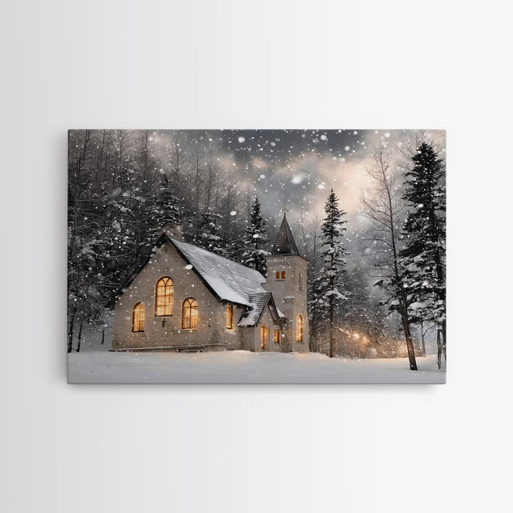 Frosted Sanctuary – Framed Canvas Print – Christian Wall Art – Christmas Canvas Wall Art – Christian Christmas Art – Moody Christmas Art –